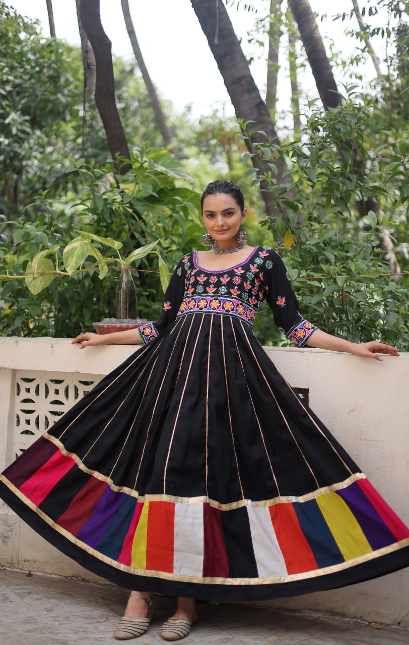 Black Roman Gown with Multicolour Thread & Gota Lace Embellishments – Elegant Ethnic Wear (User can adjust From 38" to 44" for your body comfort)