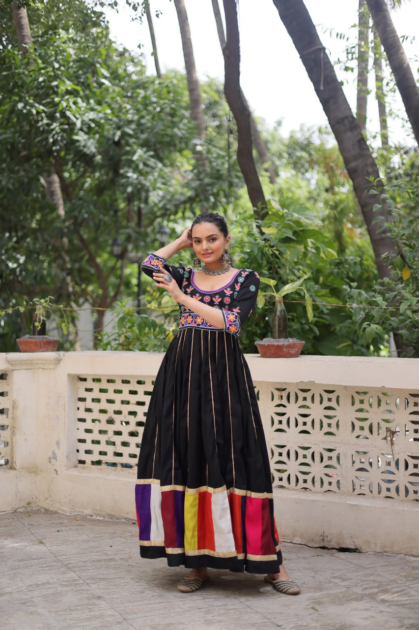 Black Roman Gown with Multicolour Thread & Gota Lace Embellishments – Elegant Ethnic Wear (User can adjust From 38" to 44" for your body comfort)