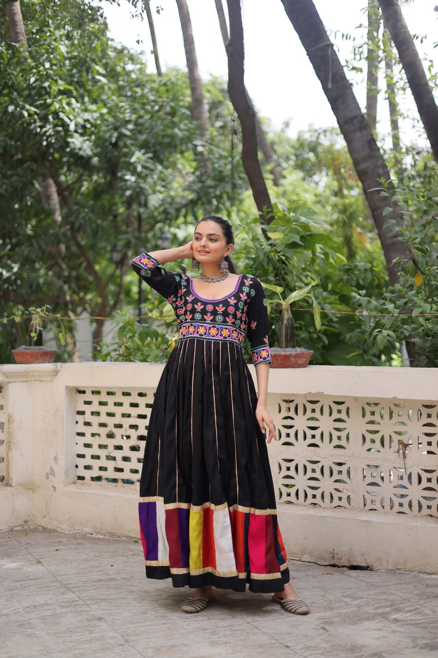 Black Roman Gown with Multicolour Thread & Gota Lace Embellishments – Elegant Ethnic Wear (User can adjust From 38" to 44" for your body comfort)