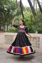 Black Roman Gown with Multicolour Thread & Gota Lace Embellishments – Elegant Ethnic Wear (User can adjust From 38" to 44" for your body comfort)