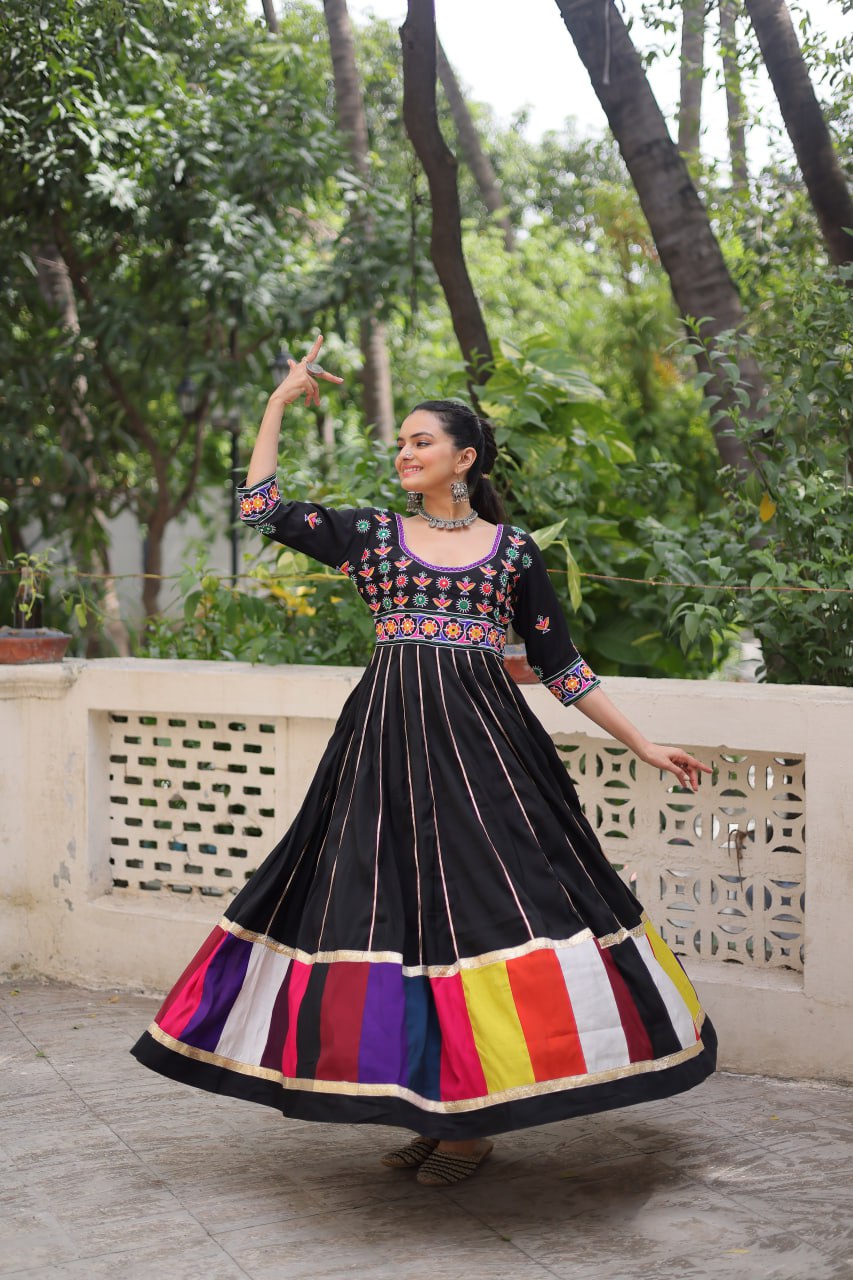 Black Roman Gown with Multicolour Thread & Gota Lace Embellishments – Elegant Ethnic Wear (User can adjust From 38" to 44" for your body comfort)