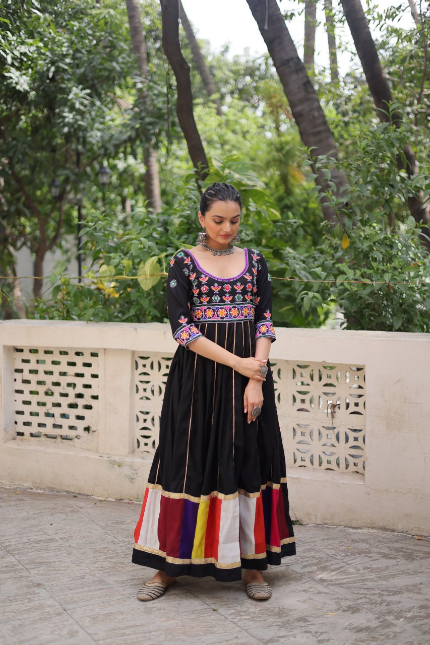 Black Roman Gown with Multicolour Thread & Gota Lace Embellishments – Elegant Ethnic Wear (User can adjust From 38" to 44" for your body comfort)
