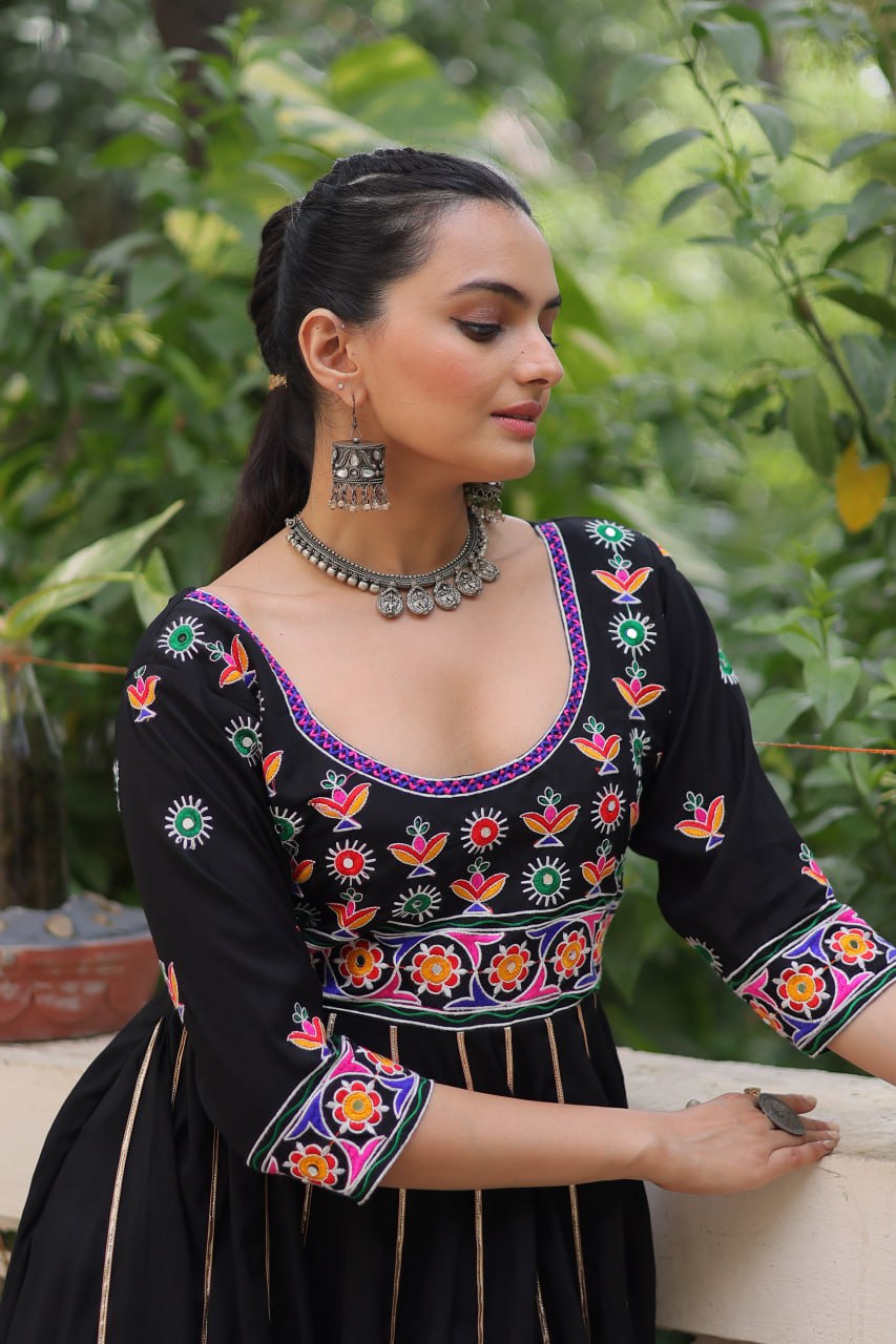 Black Roman Gown with Multicolour Thread & Gota Lace Embellishments – Elegant Ethnic Wear (User can adjust From 38" to 44" for your body comfort)