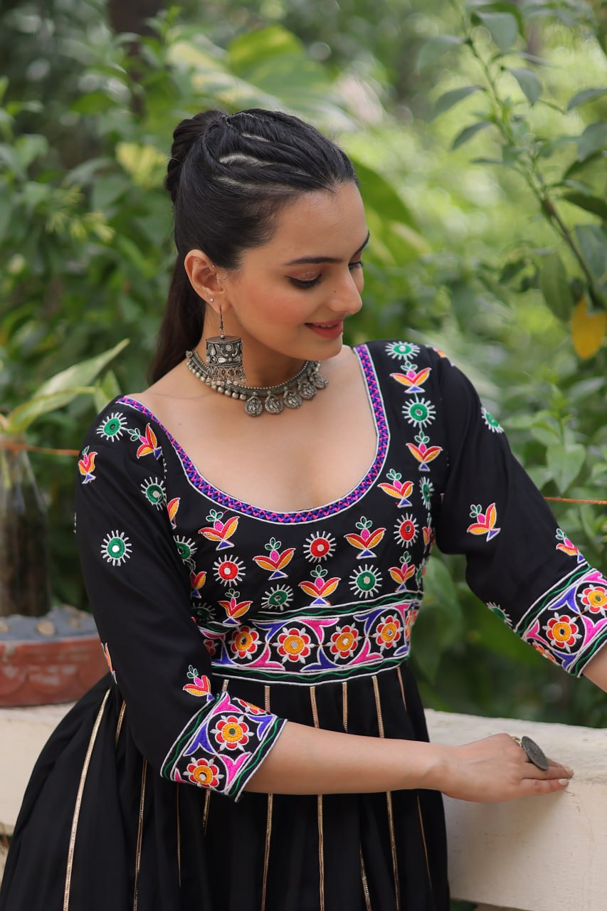 Black Roman Gown with Multicolour Thread & Gota Lace Embellishments – Elegant Ethnic Wear (User can adjust From 38" to 44" for your body comfort)