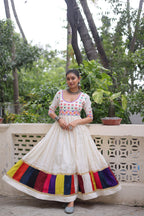 White Roman Gown with Multicolour Thread & Gota Lace Embellishments – Elegant Ethnic Wear (User can adjust From 38" to 44" for your body comfort)