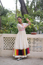 White Roman Gown with Multicolour Thread & Gota Lace Embellishments – Elegant Ethnic Wear (User can adjust From 38" to 44" for your body comfort)