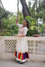 White Roman Gown with Multicolour Thread & Gota Lace Embellishments – Elegant Ethnic Wear (User can adjust From 38" to 44" for your body comfort)