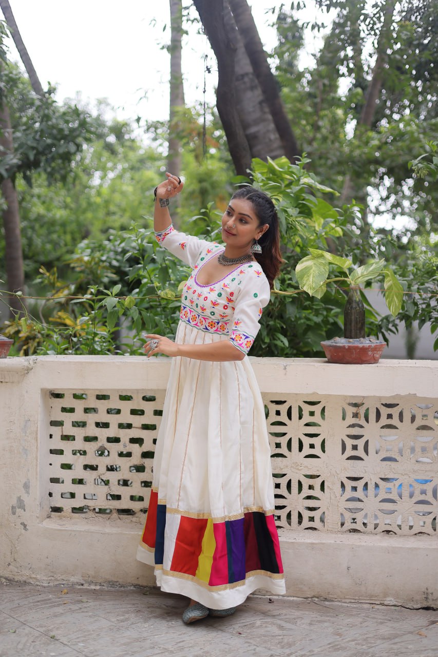 White Roman Gown with Multicolour Thread & Gota Lace Embellishments – Elegant Ethnic Wear (User can adjust From 38" to 44" for your body comfort)