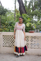 White Roman Gown with Multicolour Thread & Gota Lace Embellishments – Elegant Ethnic Wear (User can adjust From 38" to 44" for your body comfort)