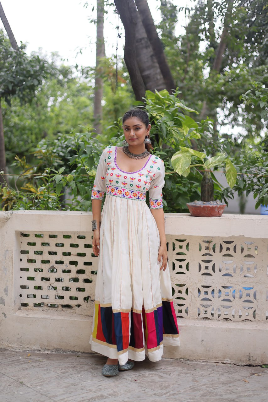 White Roman Gown with Multicolour Thread & Gota Lace Embellishments – Elegant Ethnic Wear (User can adjust From 38" to 44" for your body comfort)