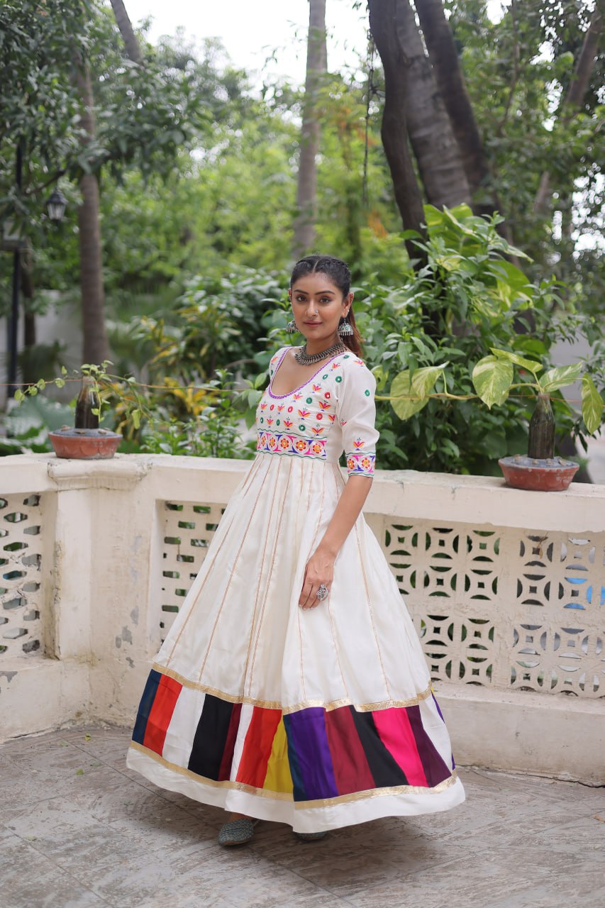 White Roman Gown with Multicolour Thread & Gota Lace Embellishments – Elegant Ethnic Wear (User can adjust From 38" to 44" for your body comfort)