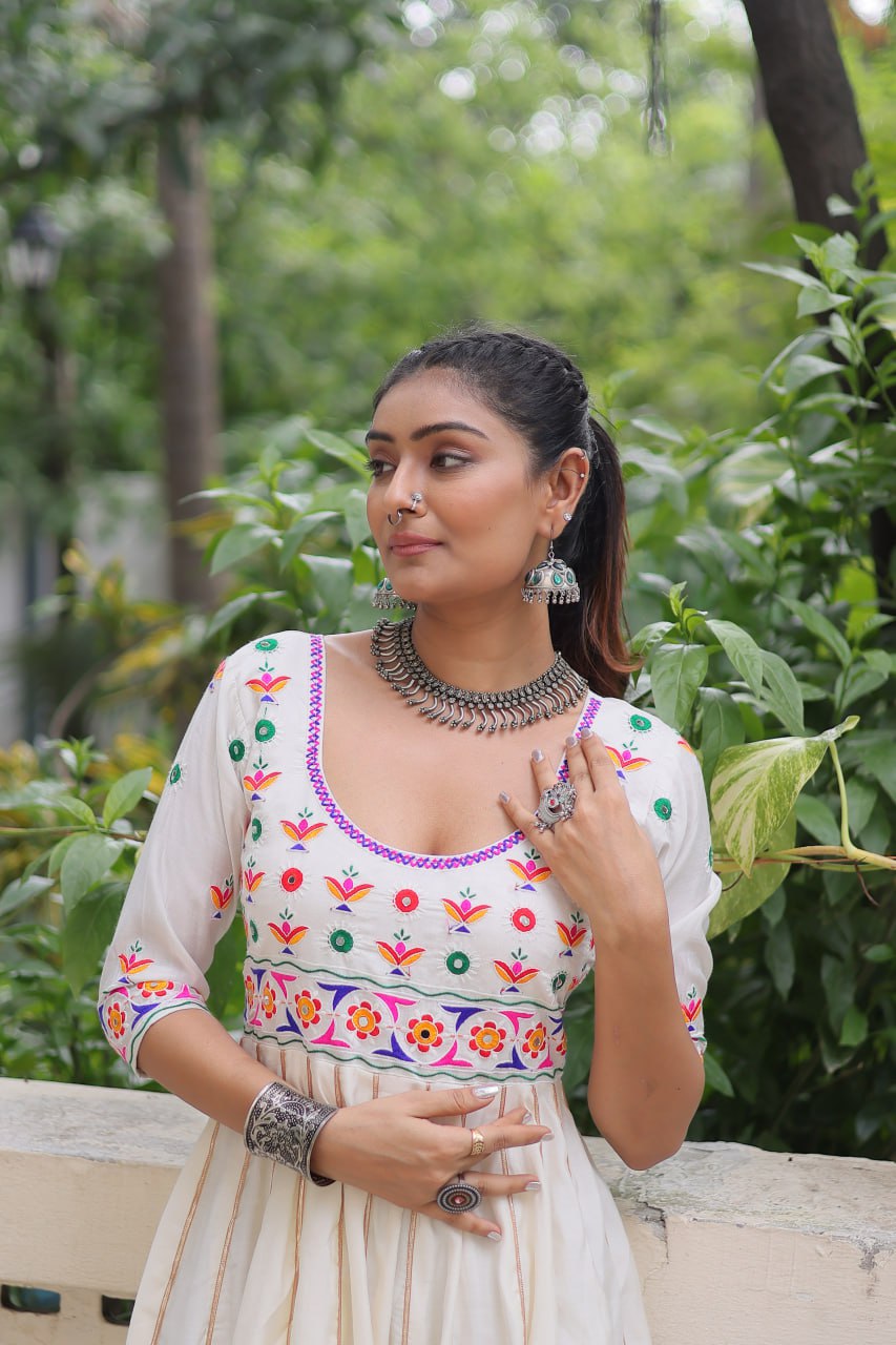 White Roman Gown with Multicolour Thread & Gota Lace Embellishments – Elegant Ethnic Wear (User can adjust From 38" to 44" for your body comfort)