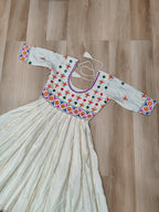 White Roman Gown with Multicolour Thread & Gota Lace Embellishments – Elegant Ethnic Wear (User can adjust From 38" to 44" for your body comfort)