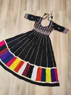 Black Roman Gown with Multicolour Thread & Gota Lace Embellishments – Elegant Ethnic Wear (User can adjust From 38" to 44" for your body comfort)