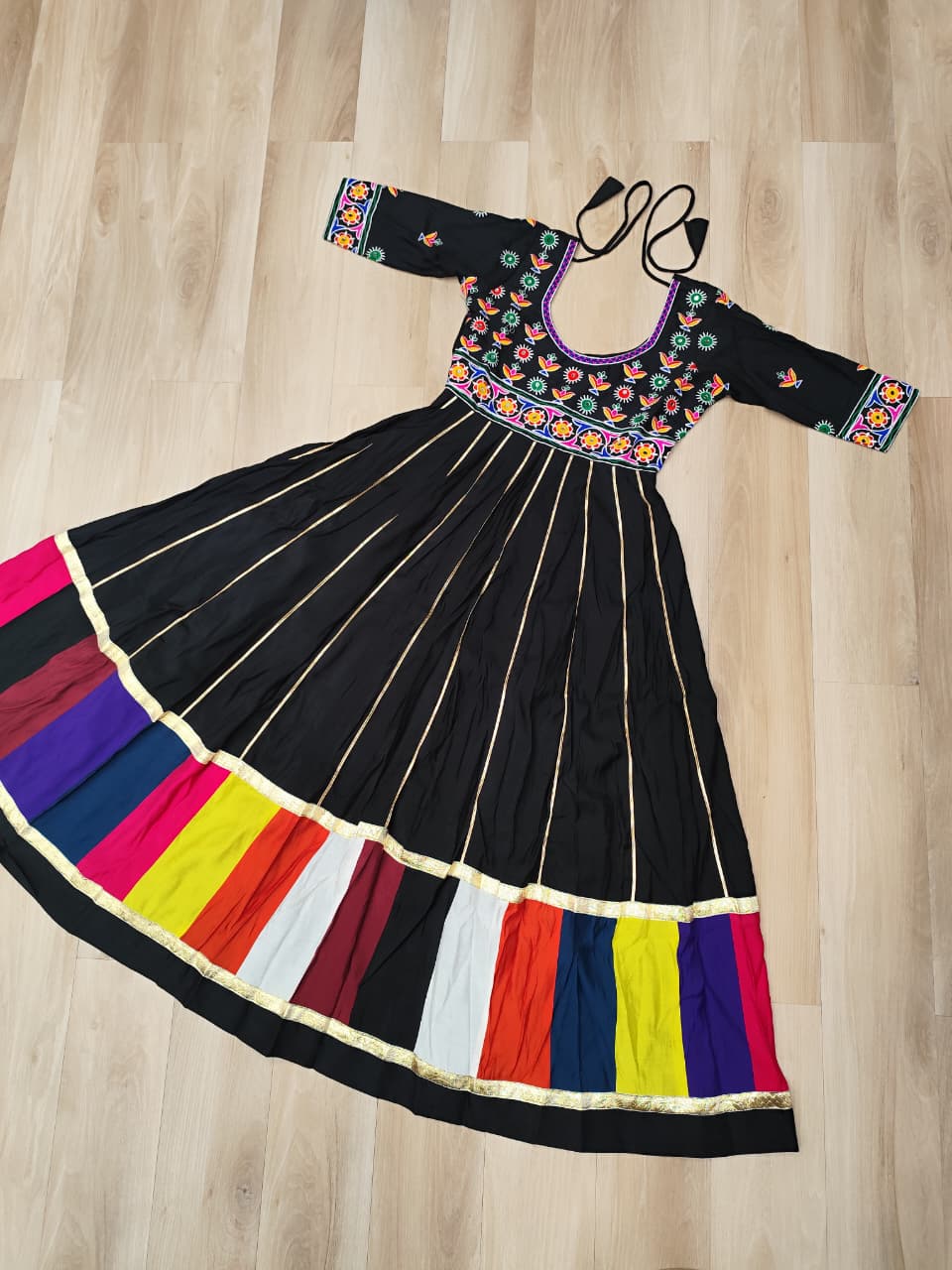 Black Roman Gown with Multicolour Thread & Gota Lace Embellishments – Elegant Ethnic Wear (User can adjust From 38" to 44" for your body comfort)