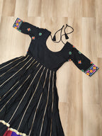 Black Roman Gown with Multicolour Thread & Gota Lace Embellishments – Elegant Ethnic Wear (User can adjust From 38" to 44" for your body comfort)