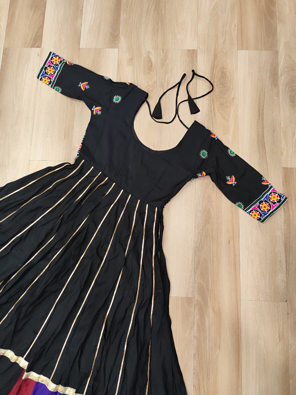 Black Roman Gown with Multicolour Thread & Gota Lace Embellishments – Elegant Ethnic Wear (User can adjust From 38" to 44" for your body comfort)
