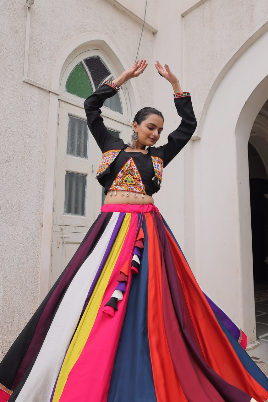 Roman Fabric Koti Style Lehenga Choli Set with 27 Kali Flair, Gamthi Embroidery & Mirror Work (Full-Stitched)