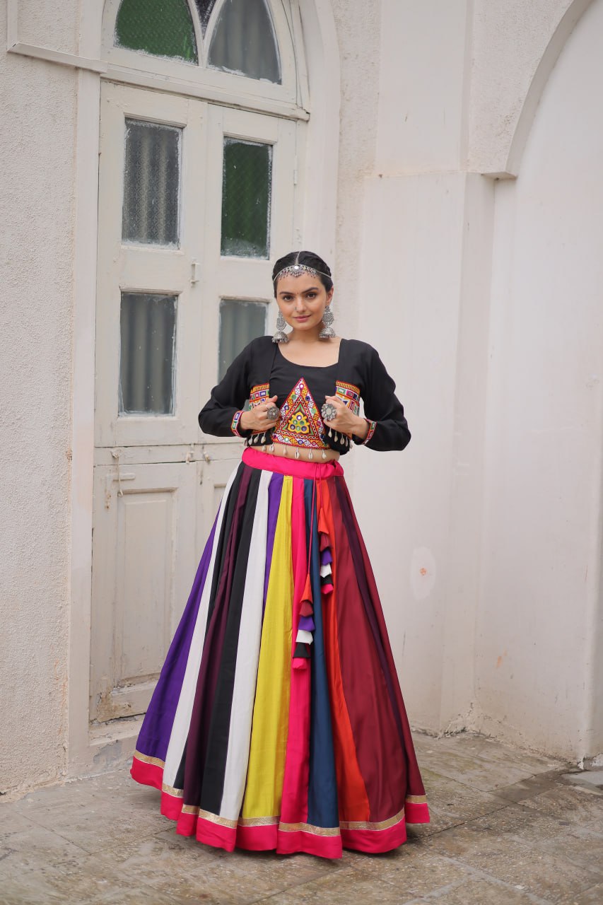 Roman Fabric Koti Style Lehenga Choli Set with 27 Kali Flair, Gamthi Embroidery & Mirror Work (Full-Stitched)