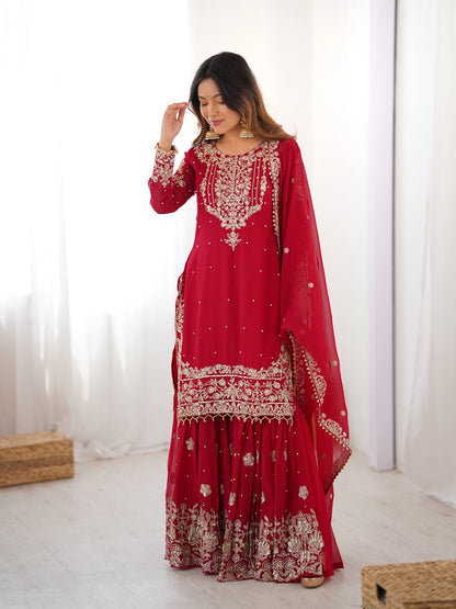 Red Embroidered Kurta Set With Sharara & Dupatta