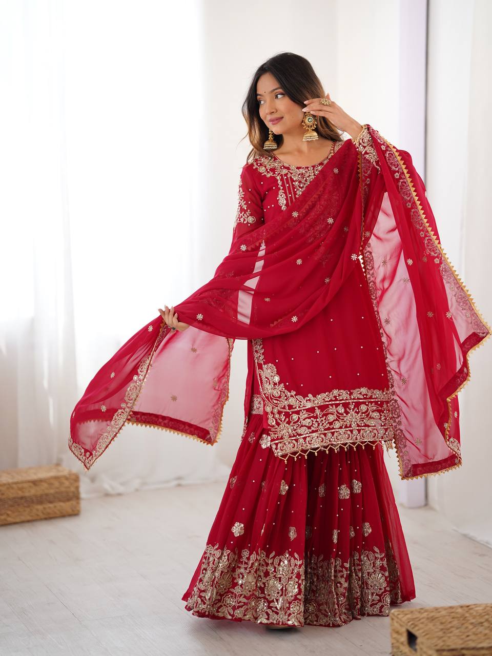 Red Embroidered Kurta Set With Sharara & Dupatta