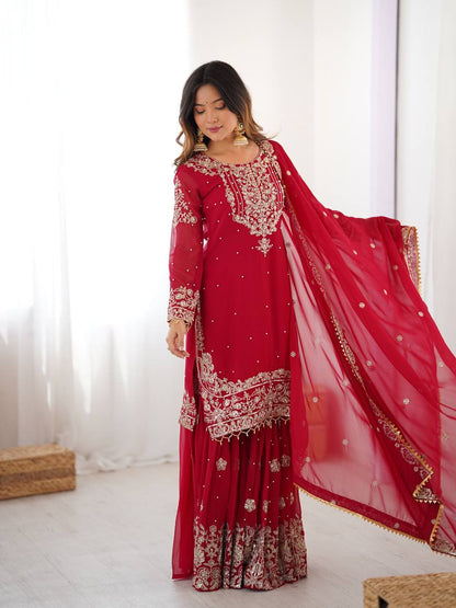 Red Embroidered Kurta Set With Sharara & Dupatta