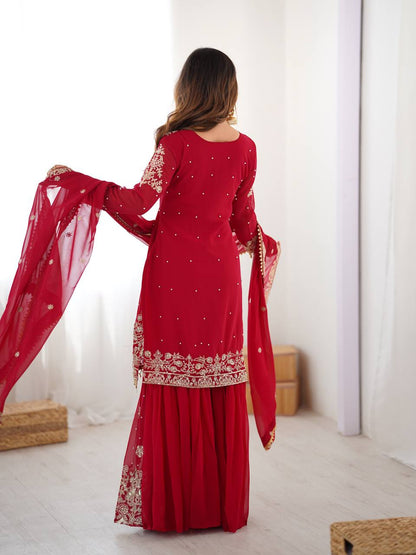 Red Embroidered Kurta Set With Sharara & Dupatta