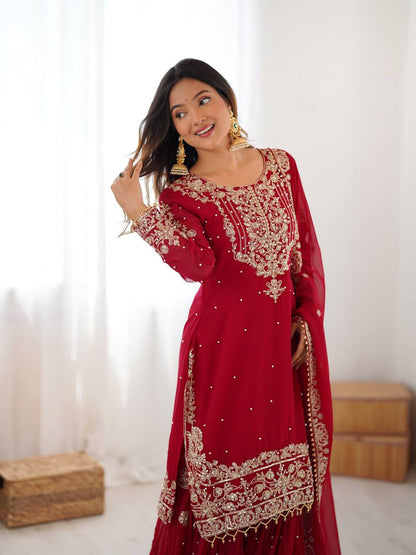 Red Embroidered Kurta Set With Sharara & Dupatta