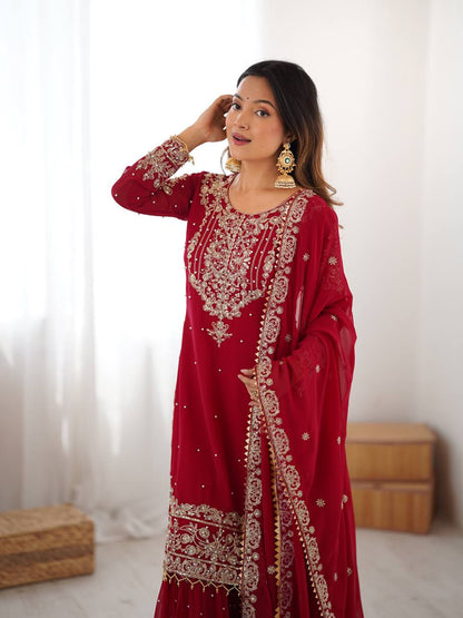 Red Embroidered Kurta Set With Sharara & Dupatta