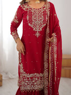 Women’s Red Designer Faux Georgette Salwar Suit with Dupatta – Elegant Party & Festive Wear