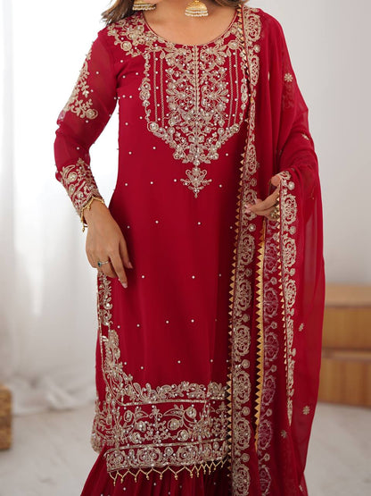 Red Embroidered Kurta Set With Sharara & Dupatta