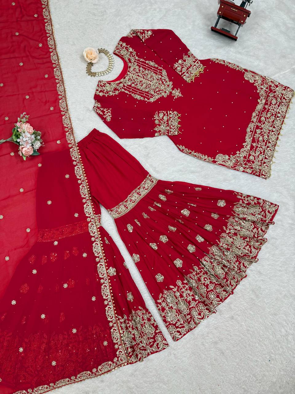 Red Embroidered Kurta Set With Sharara & Dupatta
