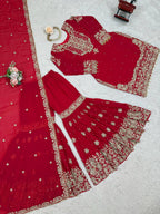 Women’s Red Designer Faux Georgette Salwar Suit with Dupatta – Elegant Party & Festive Wear