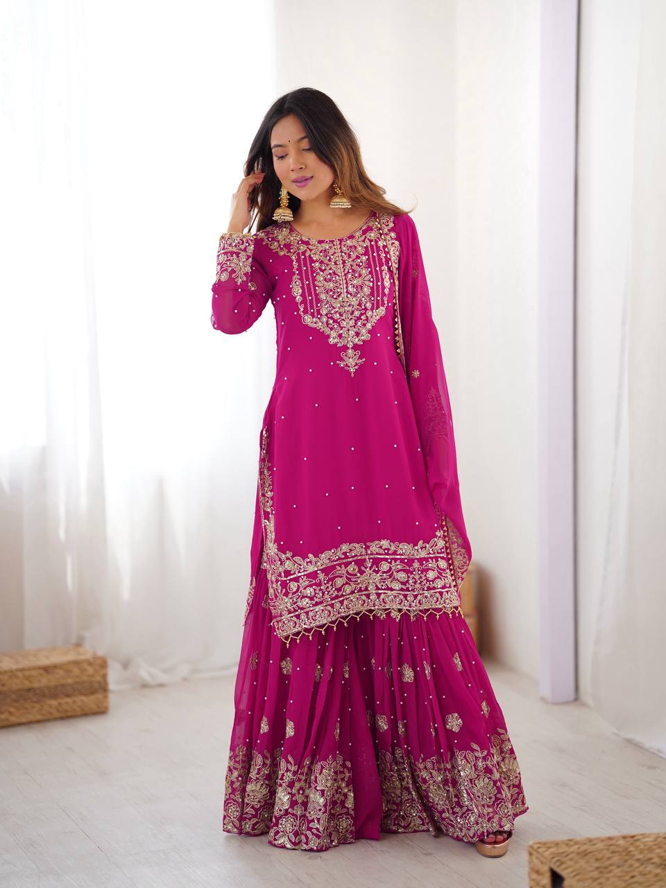 Pink Embroidered Kurta Set With Sharara & Dupatta