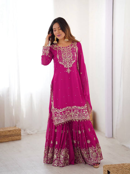 Pink Embroidered Kurta Set With Sharara & Dupatta