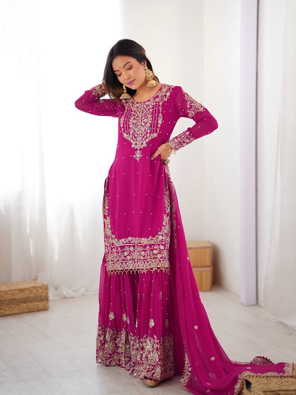 Pink Embroidered Kurta Set With Sharara & Dupatta