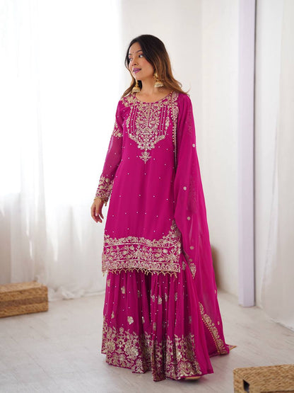Pink Embroidered Kurta Set With Sharara & Dupatta