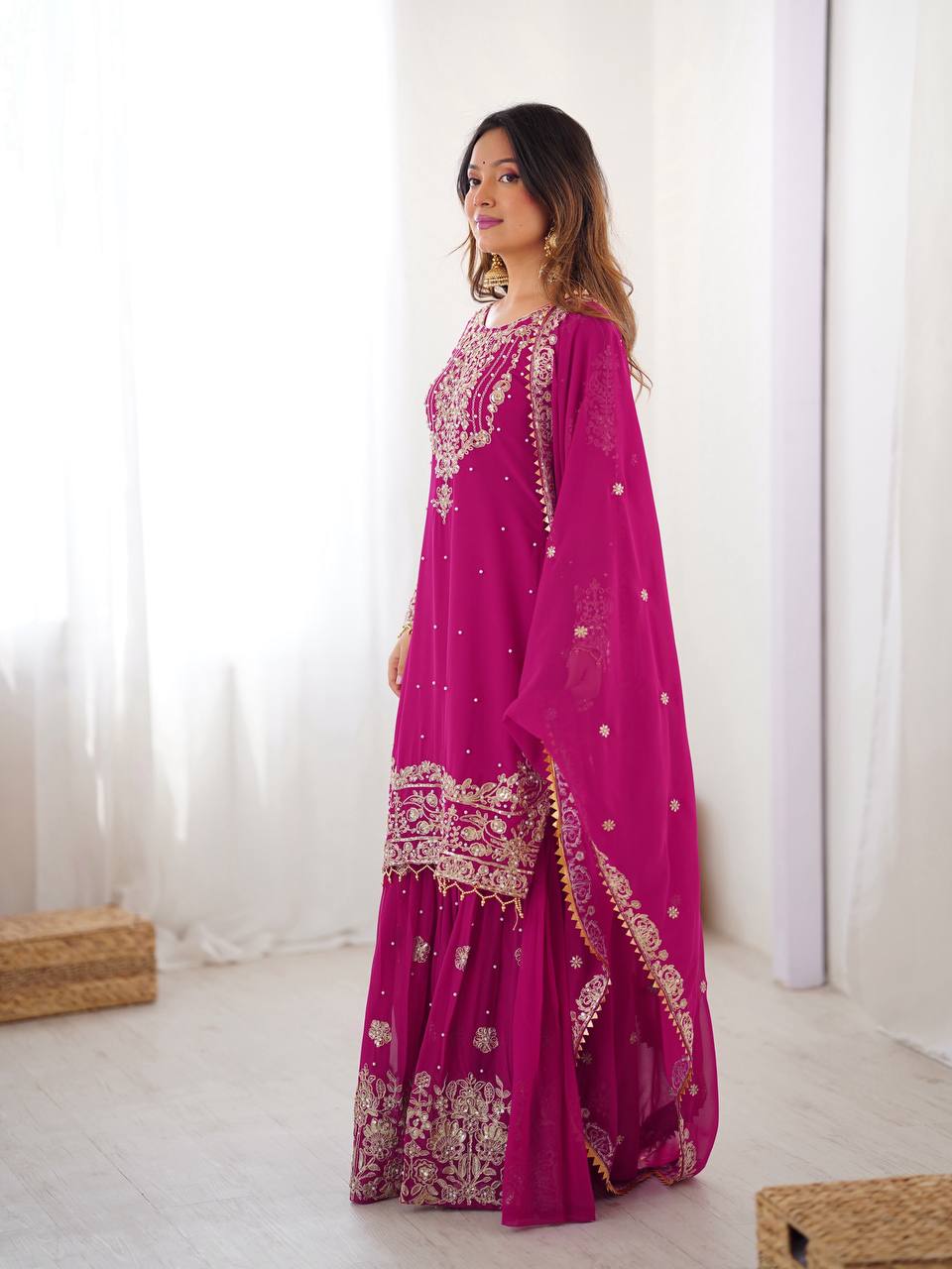Pink Embroidered Kurta Set With Sharara & Dupatta