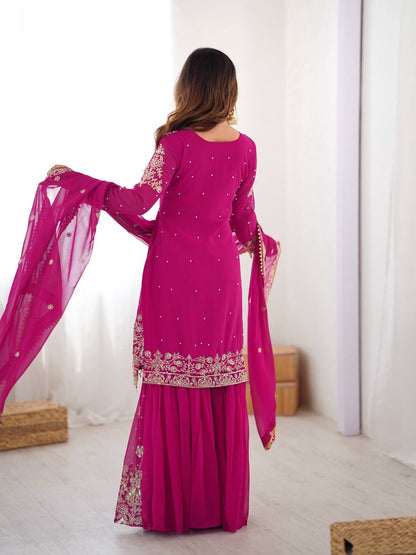 Pink Embroidered Kurta Set With Sharara & Dupatta