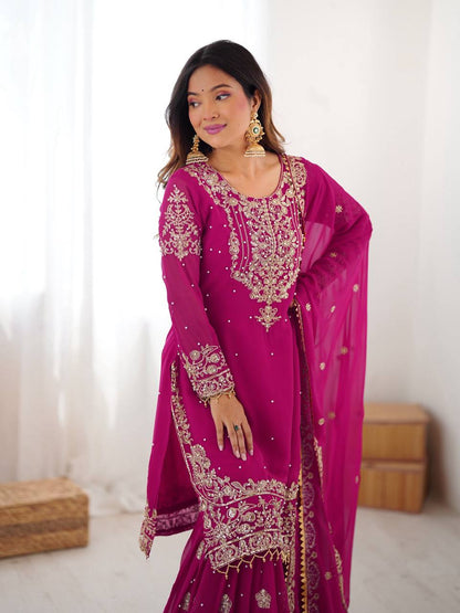 Pink Embroidered Kurta Set With Sharara & Dupatta