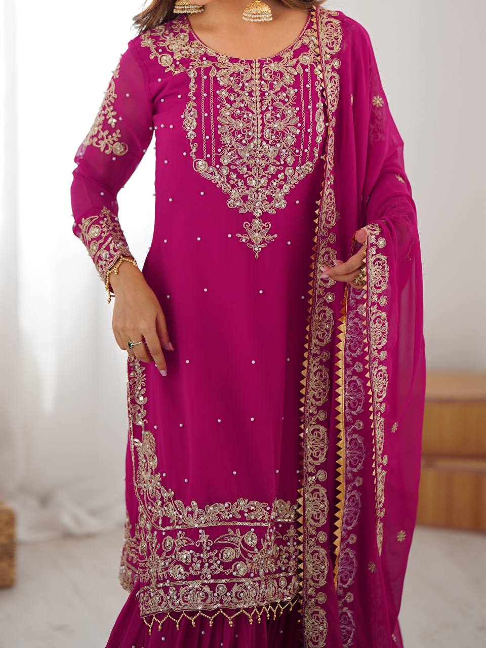 Pink Embroidered Kurta Set With Sharara & Dupatta