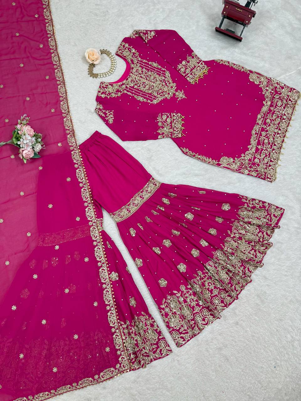Pink Embroidered Kurta Set With Sharara & Dupatta