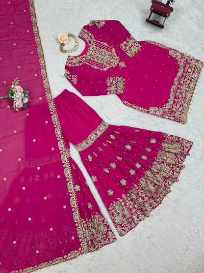 Pink Embroidered Kurta Set With Sharara & Dupatta