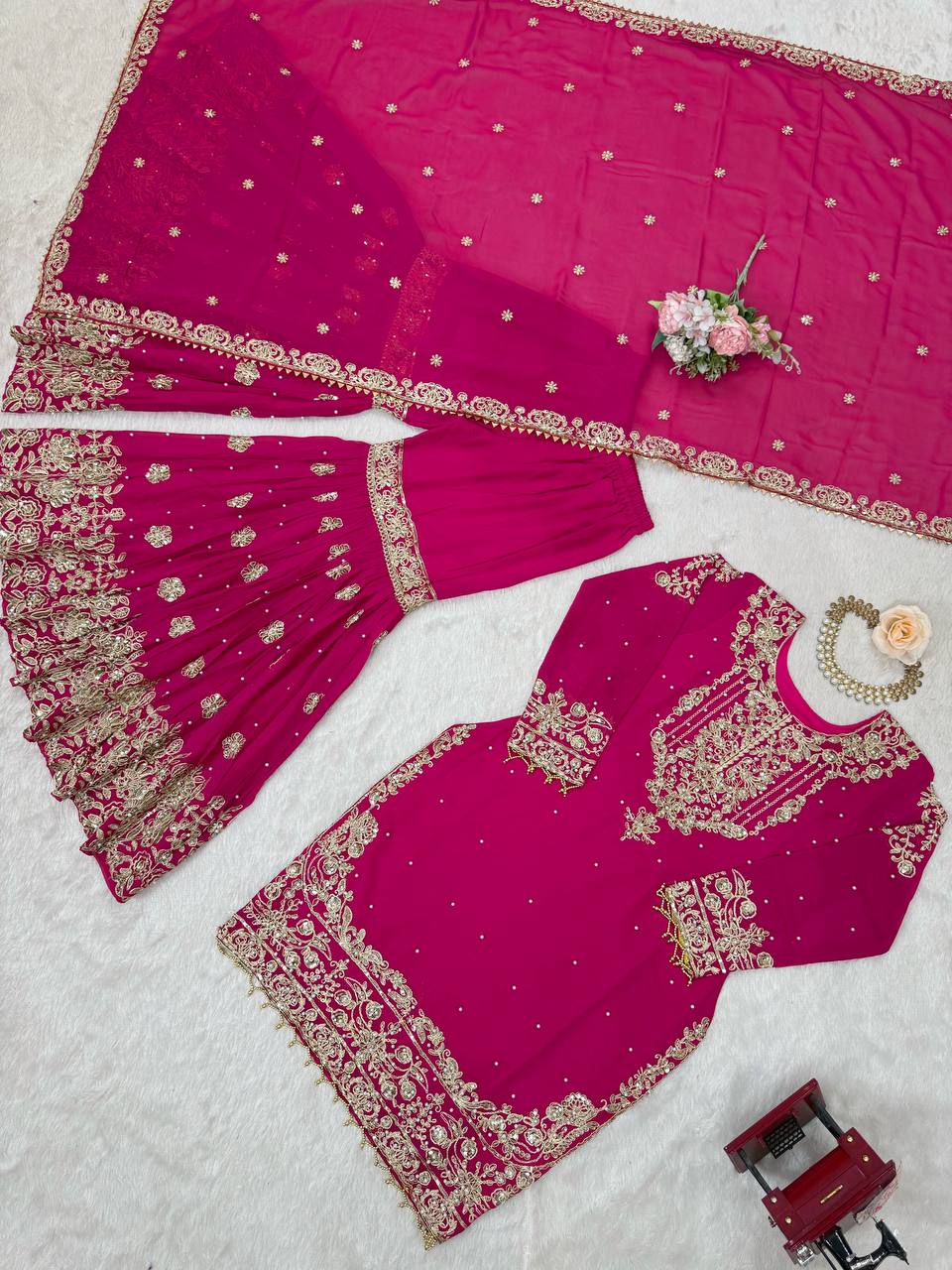 Pink Embroidered Kurta Set With Sharara & Dupatta