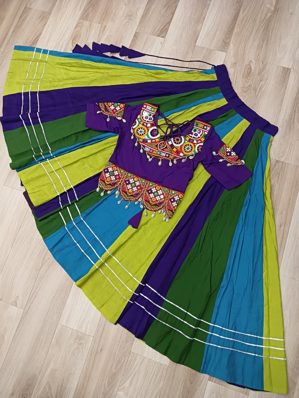 Roman Fabric purple Lehenga Choli Set with 24 Kali Flair, Gota Lace & Gamthi Mirror Embroidery (Full-Stitched)