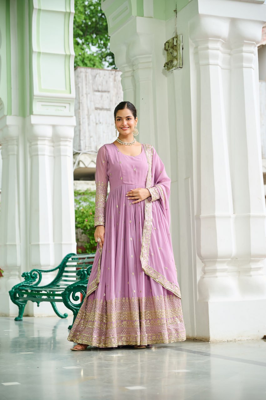 Lavender Faux Georgette Gown with Embroidered Work – Elegant Ethnic Wear