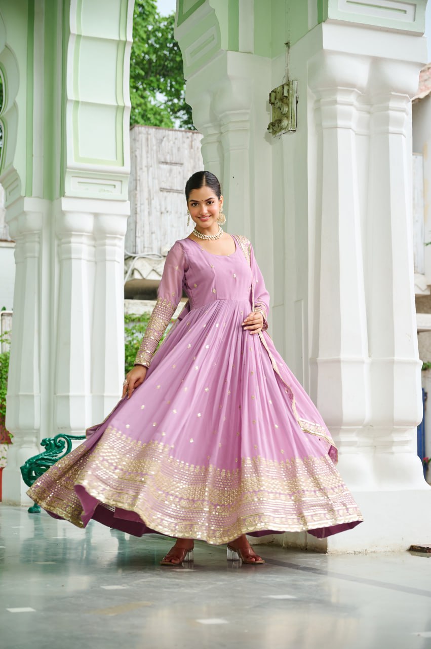 Lavender Faux Georgette Gown with Embroidered Work – Elegant Ethnic Wear