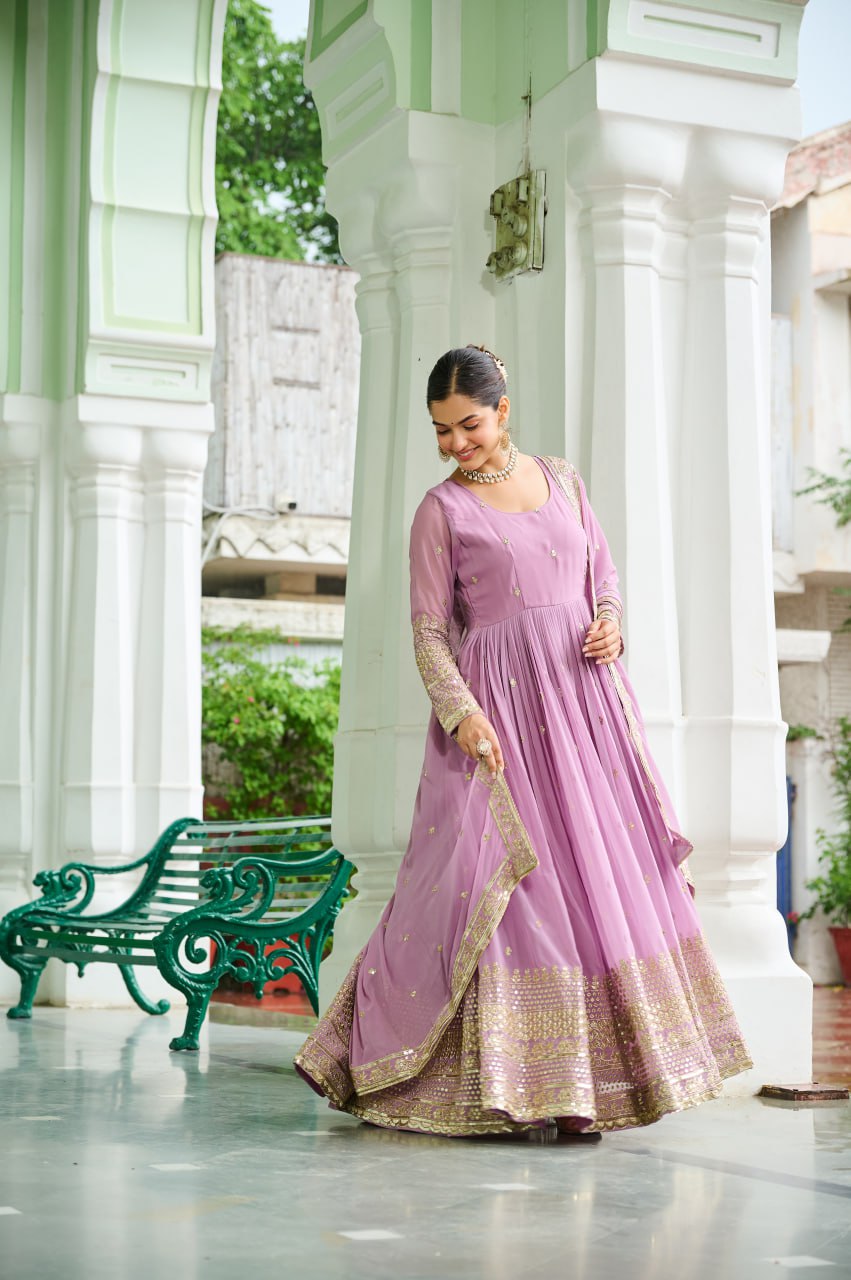 Lavender Faux Georgette Gown with Embroidered Work – Elegant Ethnic Wear