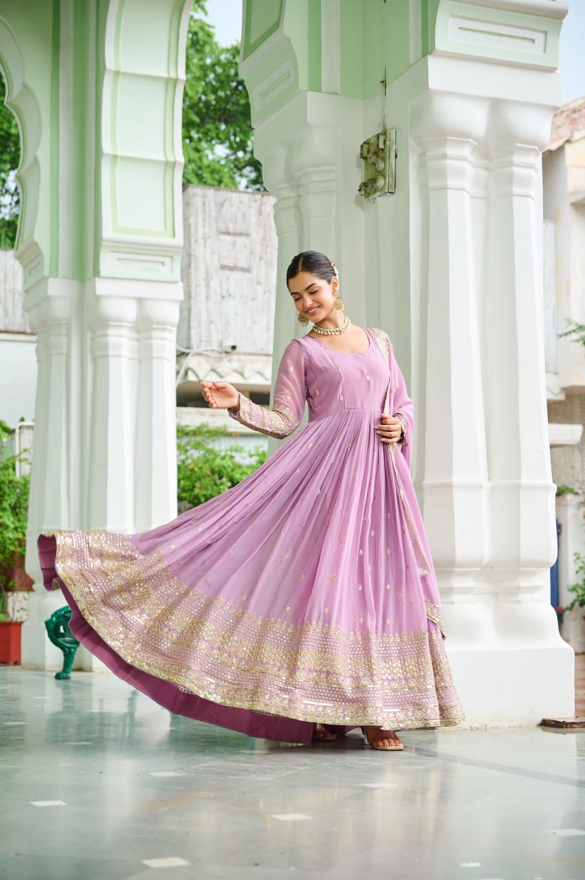 Lavender Faux Georgette Gown with Embroidered Work – Elegant Ethnic Wear