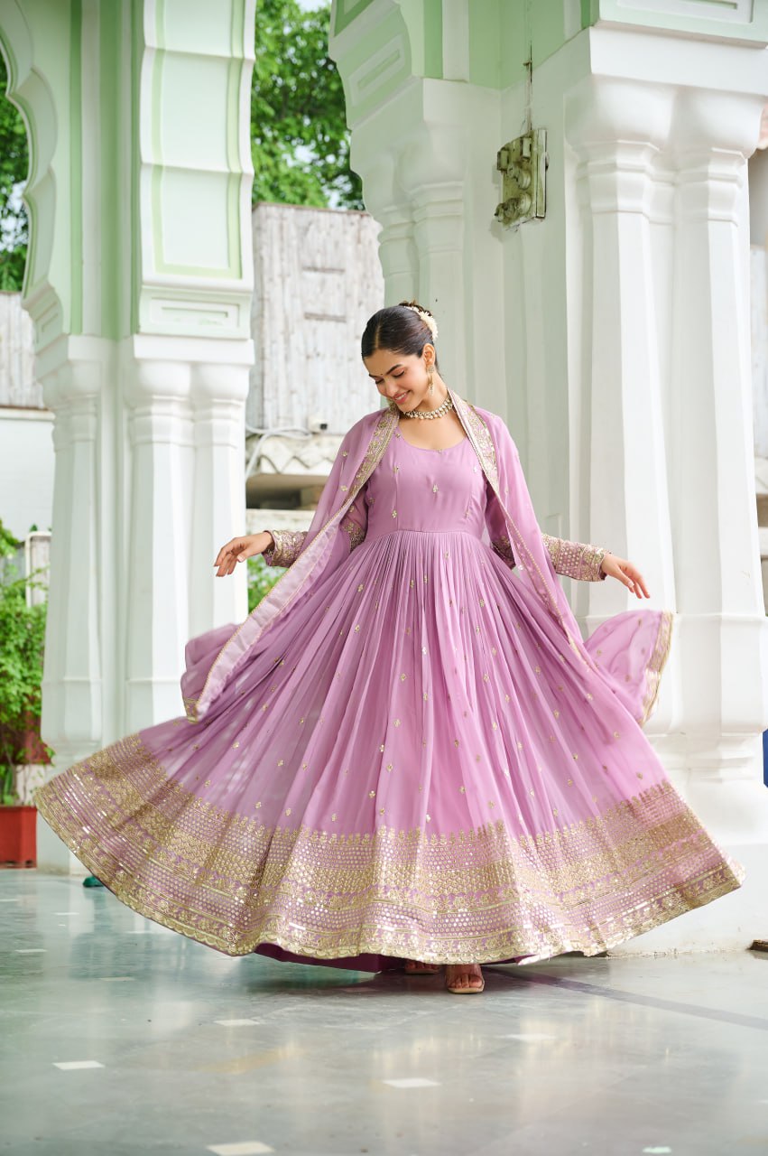Lavender Faux Georgette Gown with Embroidered Work – Elegant Ethnic Wear